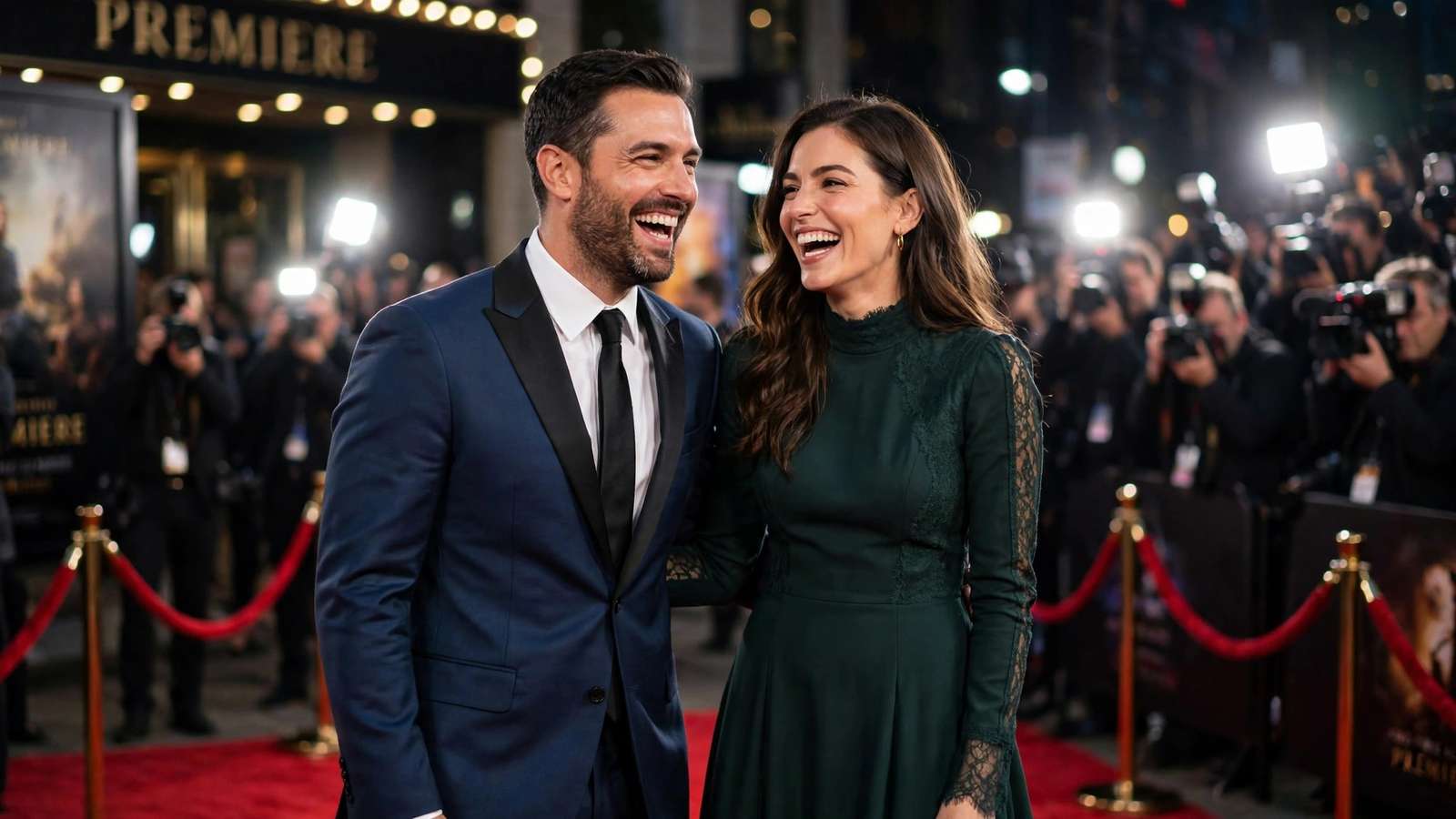 Couple laughing together on a red carpet at a movie premiere
