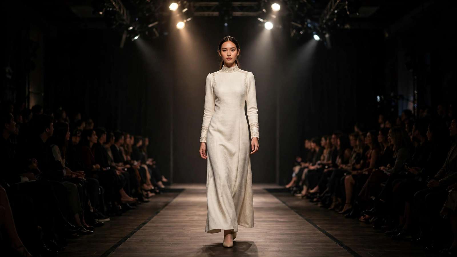 Fashion runway model walking under bright spotlights during a show