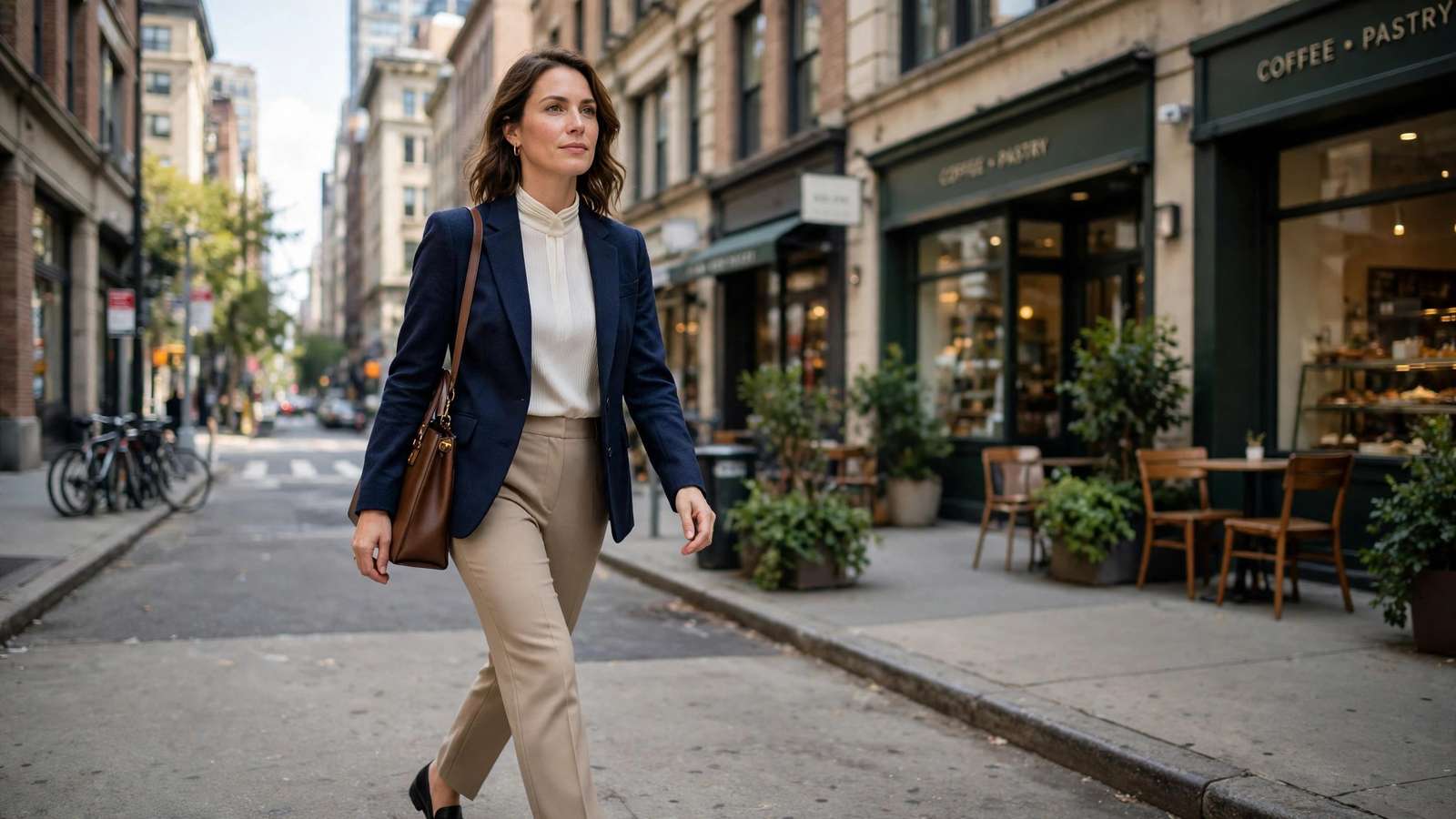 Woman confidently walking in high heels on a city sidewalk