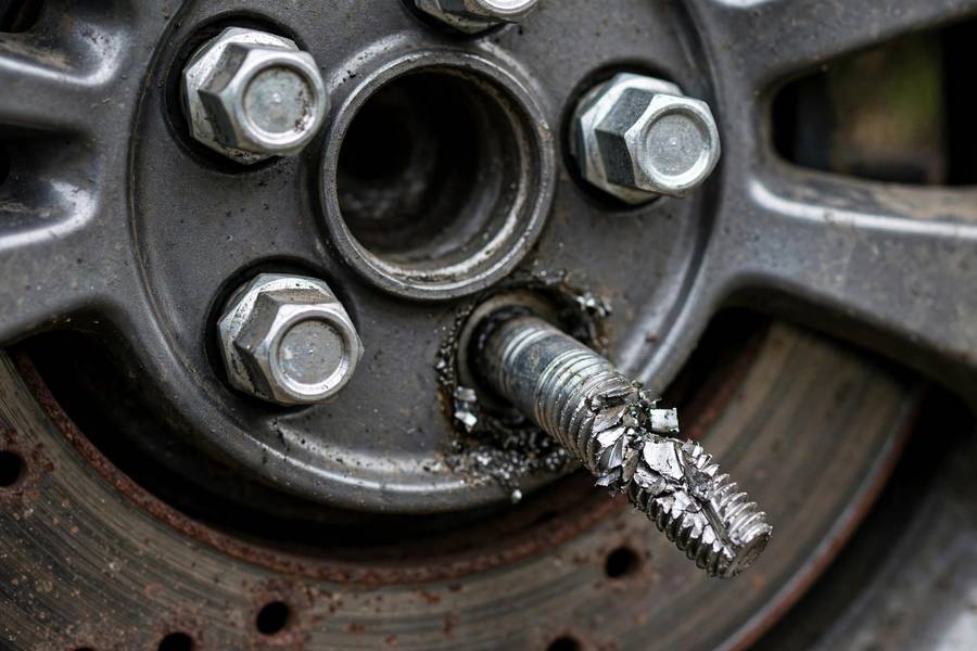Damaged wheel stud from over-tightening, a warning in how tight should lug nuts be torque specs