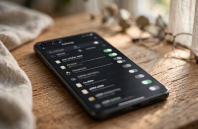 Close-up of a smartphone on a wooden desk showing eSIM cellular settings on screen, demonstrating how to activate an eSIM