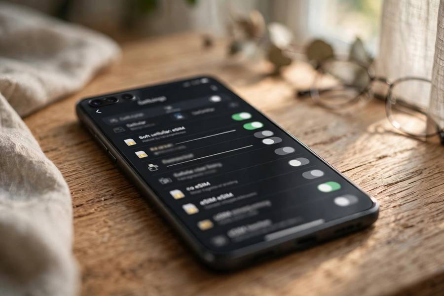 Close-up of a smartphone on a wooden desk showing eSIM cellular settings on screen, demonstrating how to activate an eSIM