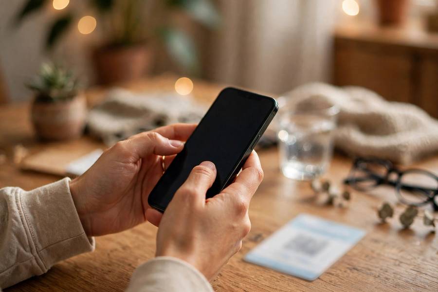 Hands holding a phone next to a carrier QR activation card on a home desk while learning how to activate an eSIM