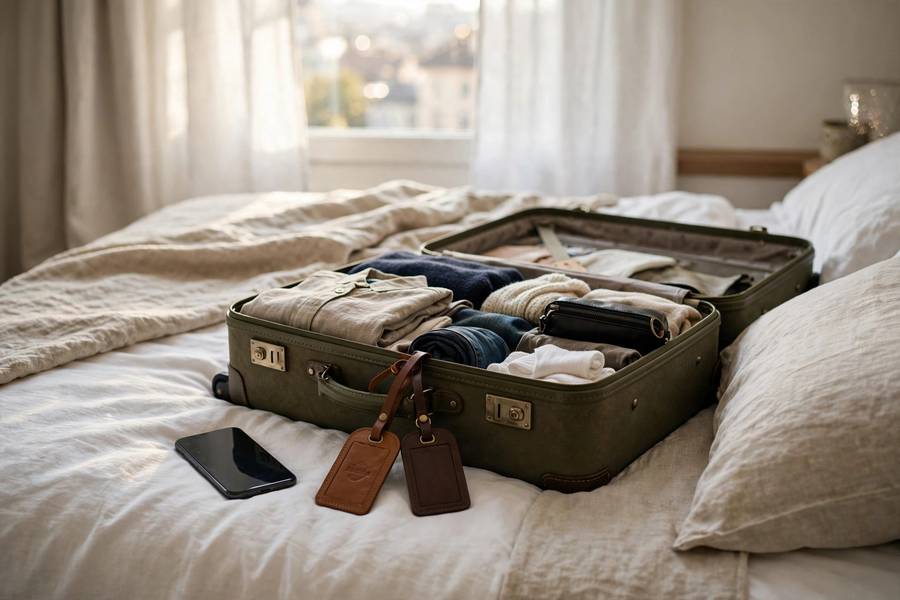 Open suitcase with smartphone and luggage tags on a hotel bed — activating an eSIM for travel