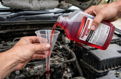 Pouring transmission fluid through a funnel into the dipstick tube
