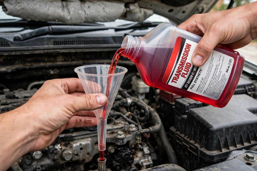 Pouring transmission fluid through a funnel into the dipstick tube