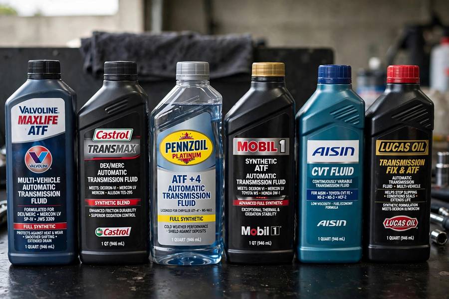 Different types of automatic transmission fluid bottles with spec labels