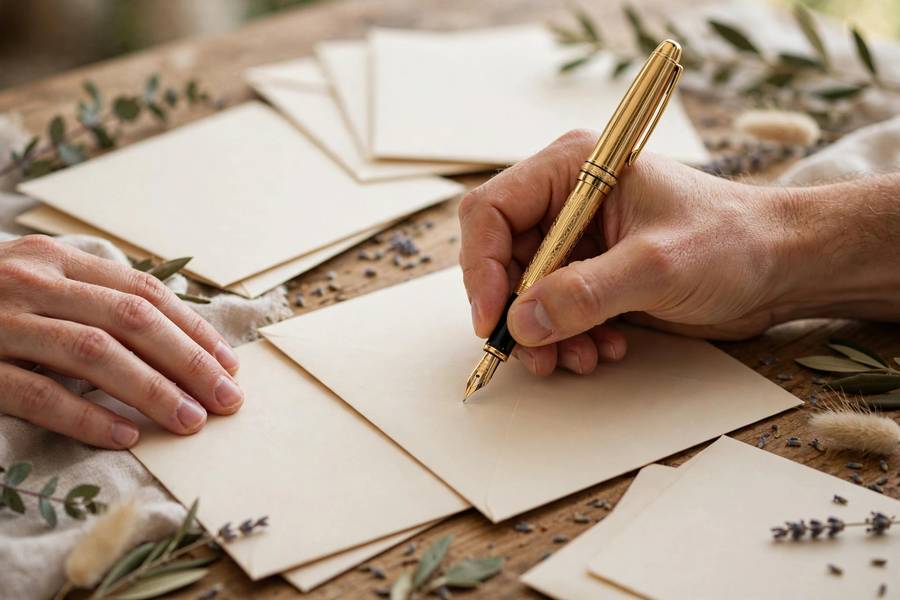 Wedding invitations being addressed by hand