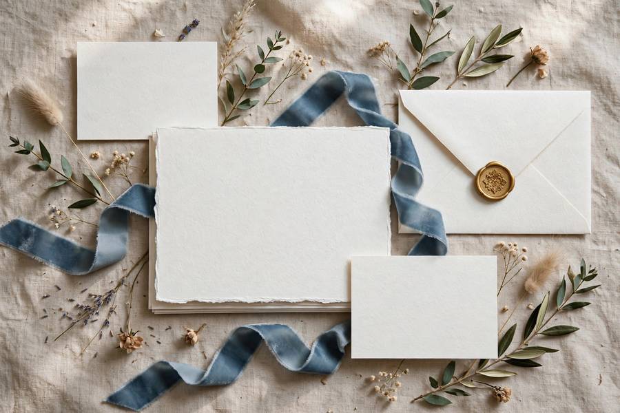 Wedding invitation suite flat lay