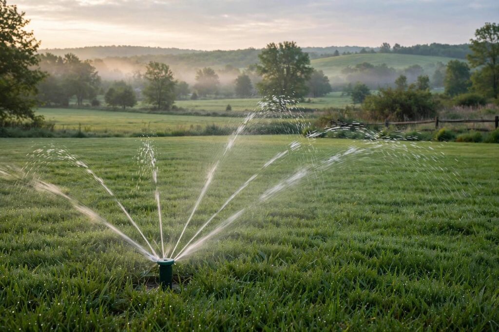 A pop-up sprinkler head watering a green lawn in the morning