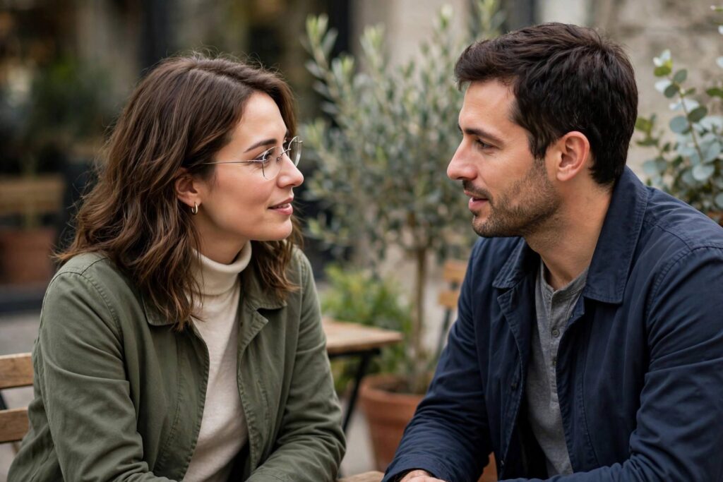Two people having a sincere face-to-face conversation