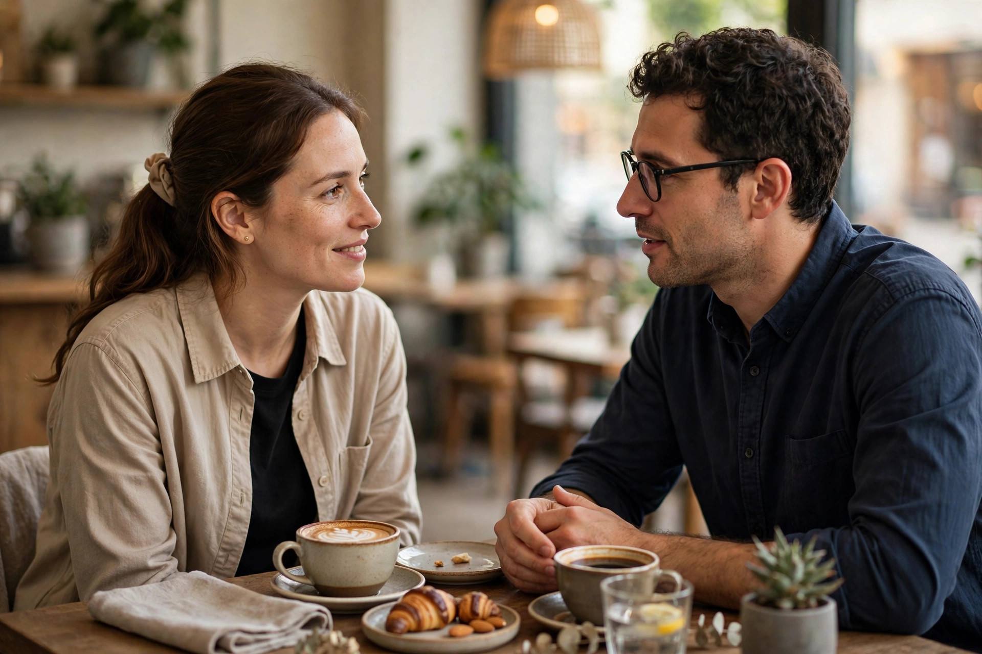 Two people having an honest conversation over coffee