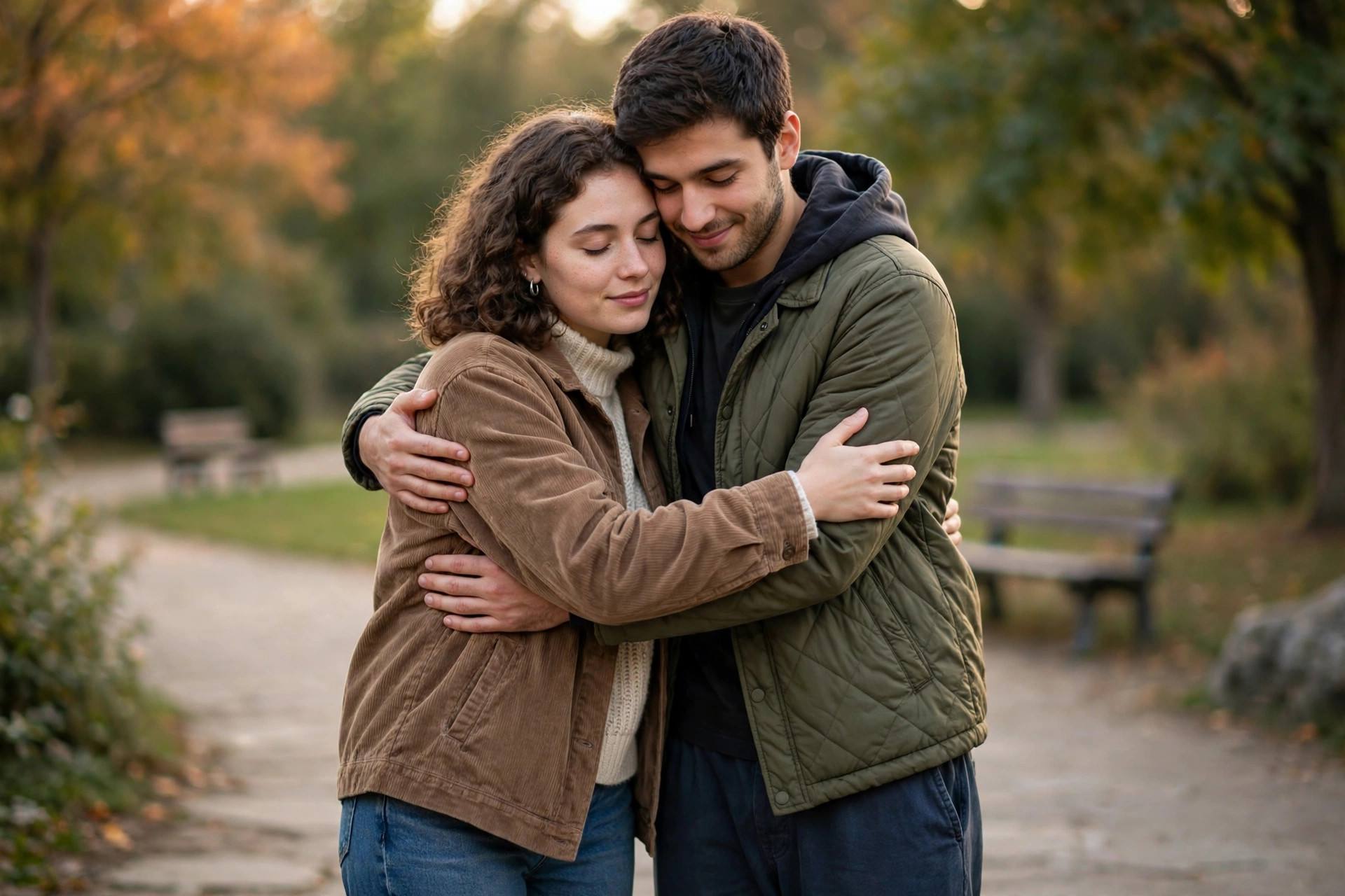 Friends reconciling with a warm hug