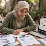 How to Apply for a Scholarship: A Step-by-Step Guide Student writing at a desk with laptop and scholarship application papers