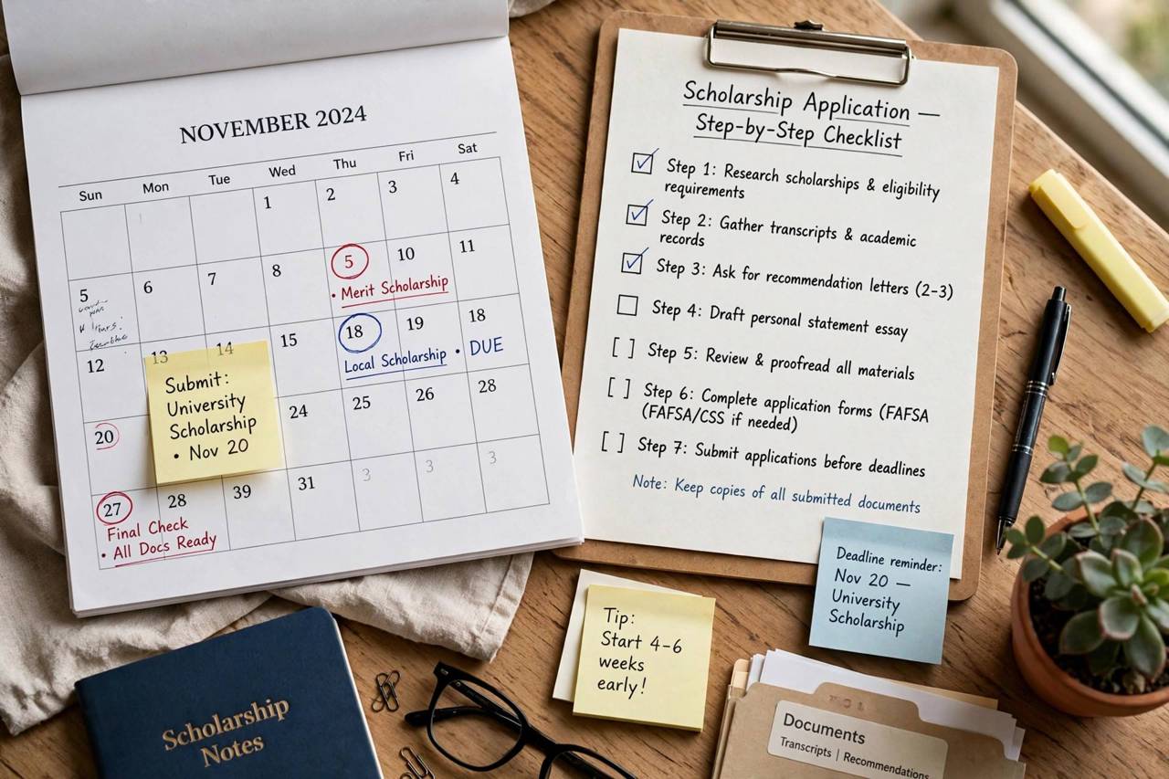 Calendar with marked deadlines and a checklist for scholarship applications