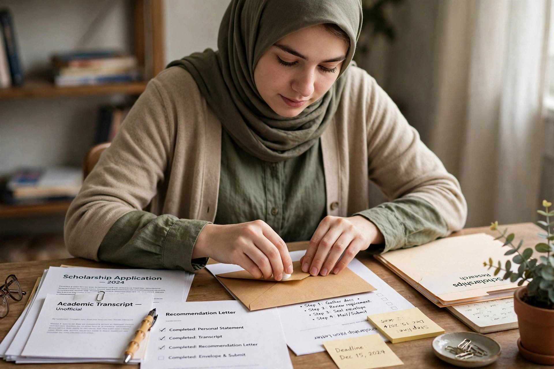 Student sealing an envelope with application documents on a tidy desk