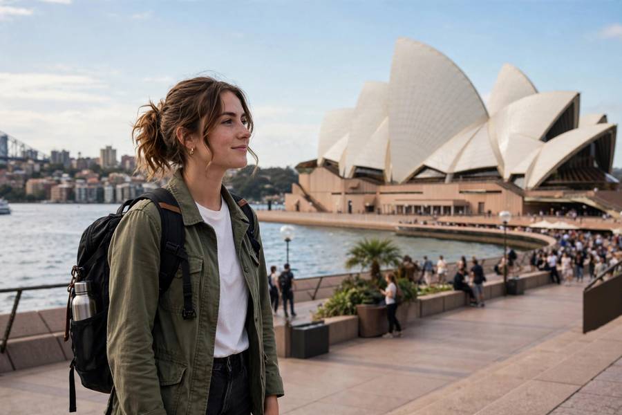 Young traveler with backpack at Sydney Opera House