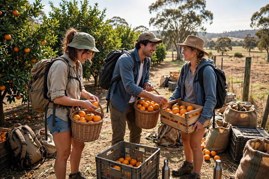 Backpackers working at Australian farm harvest
