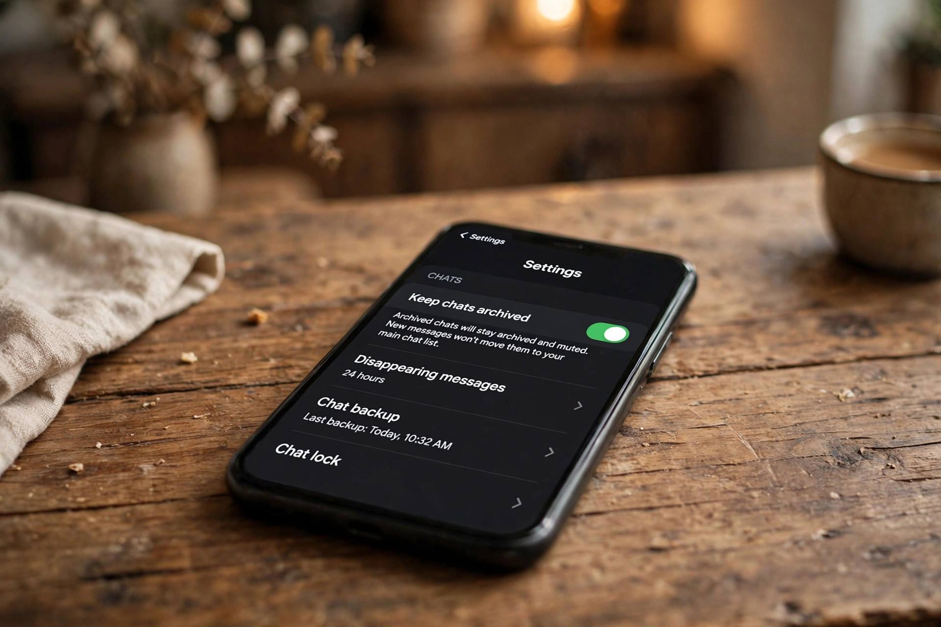 WhatsApp settings screen showing the keep chats archived toggle option