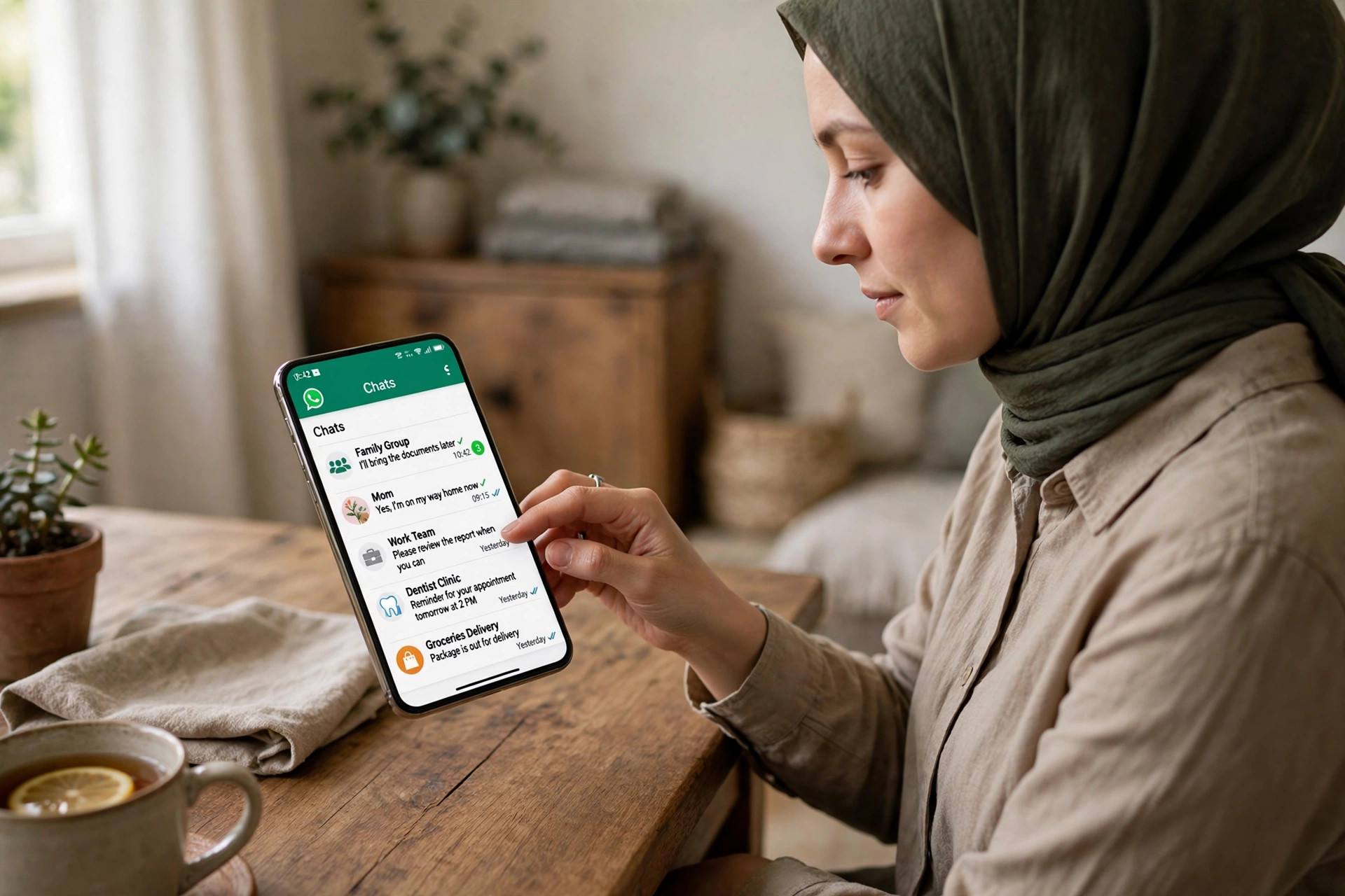 Person organizing WhatsApp chats on a phone with a tidy chat list