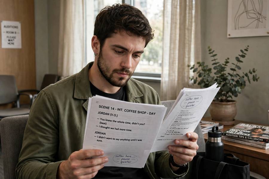 An actor studying audition sides before going in