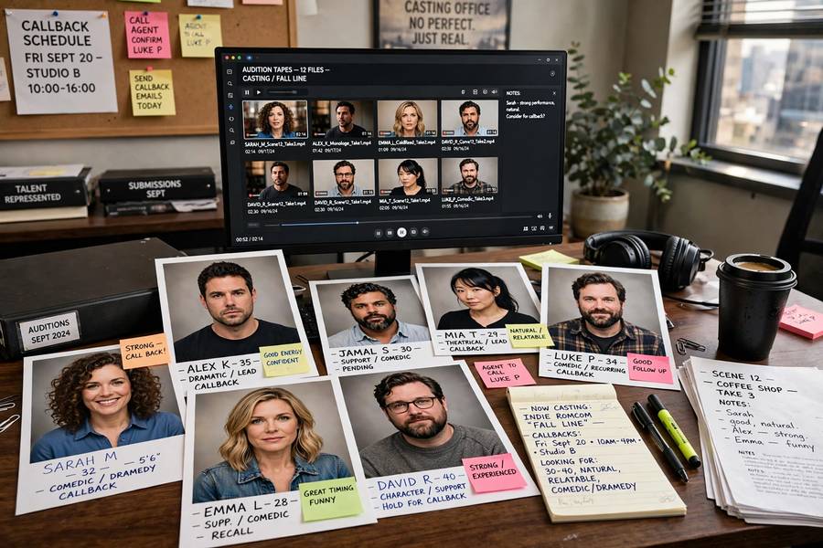 A casting office table with headshots and audition tapes