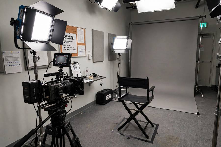 A film audition room set up with camera and chair