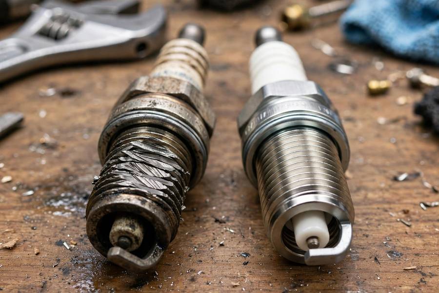 Cross-threaded spark plug threads compared to clean undamaged threads