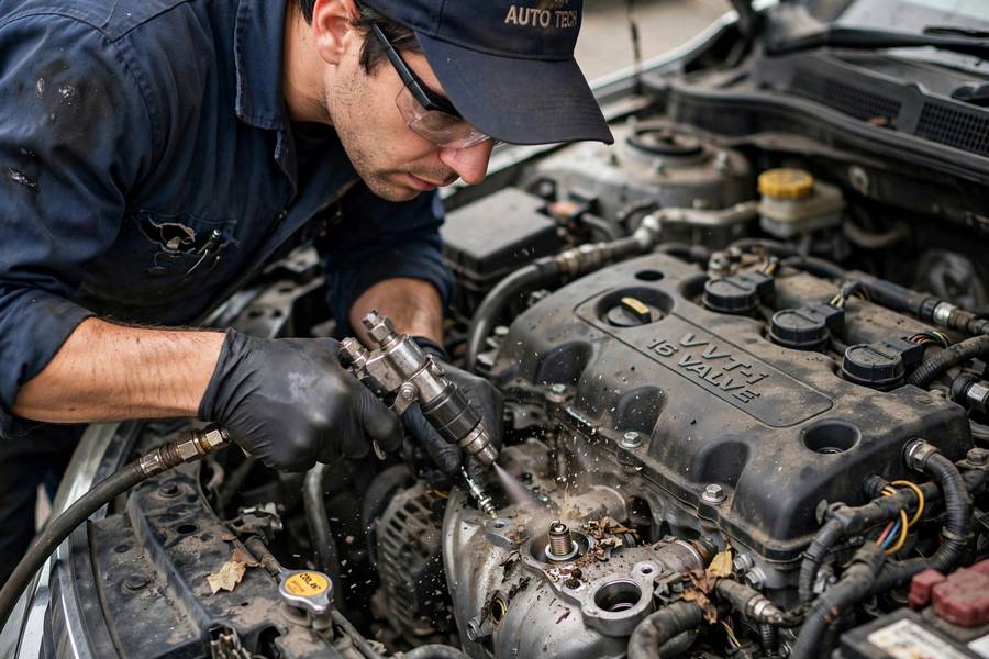 Cleaning a spark plug well with compressed air before installing the plug