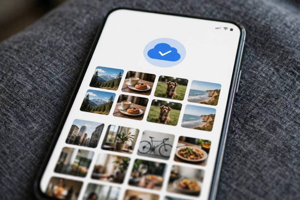 Google Photos app showing backup complete status on a phone