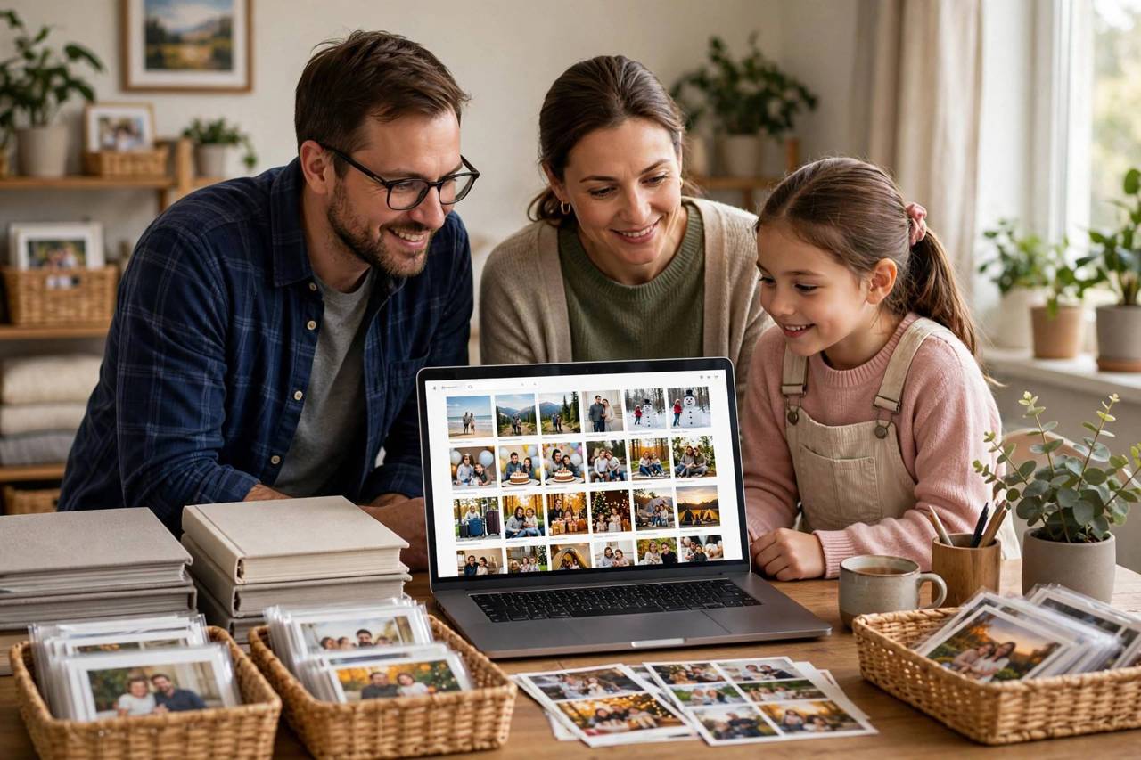 Laptop displaying Google Photos library backed up in the cloud