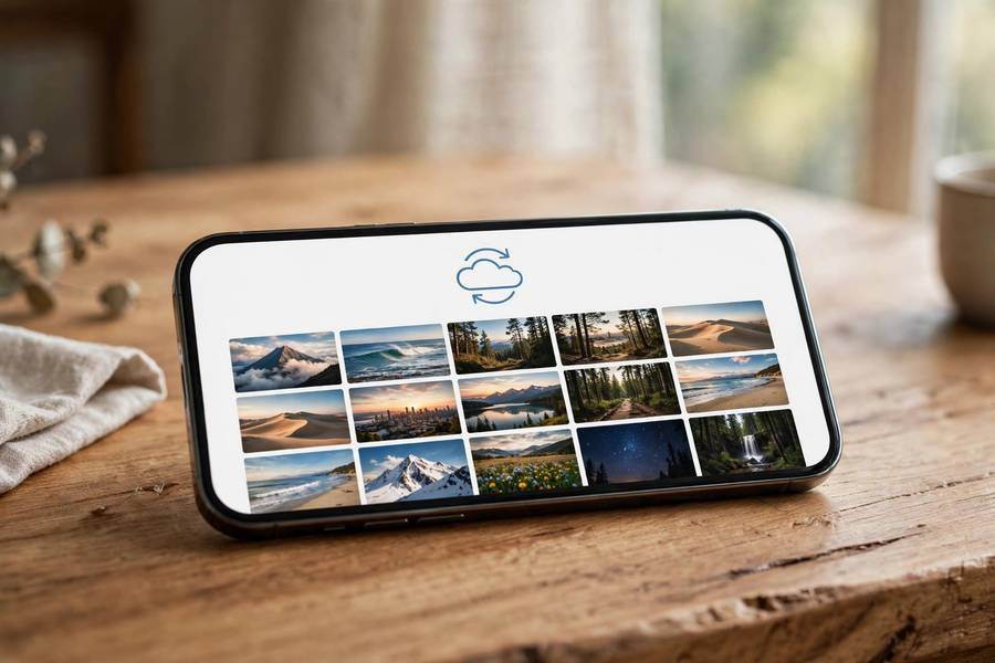 iPhone photo library with cloud backup icon overlay