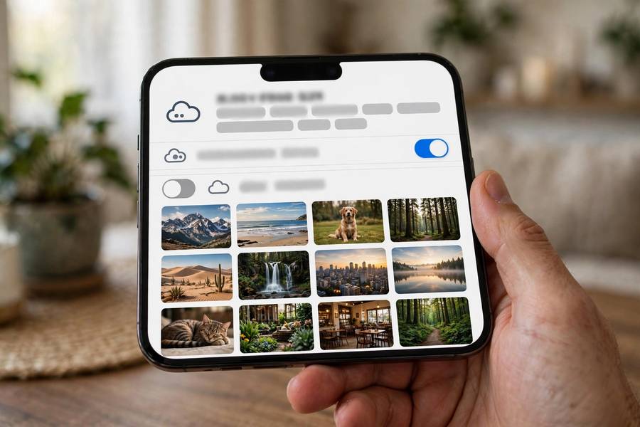 iPhone displaying iCloud Photos sync settings with photo thumbnails