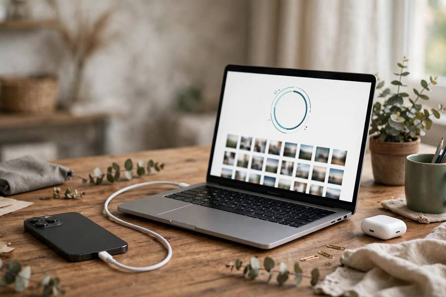 iPhone connected to a laptop transferring photos via cable for backup