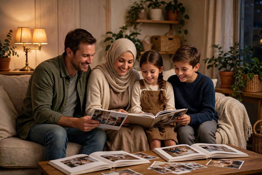Family looking at printed photo albums together representing backed up memories