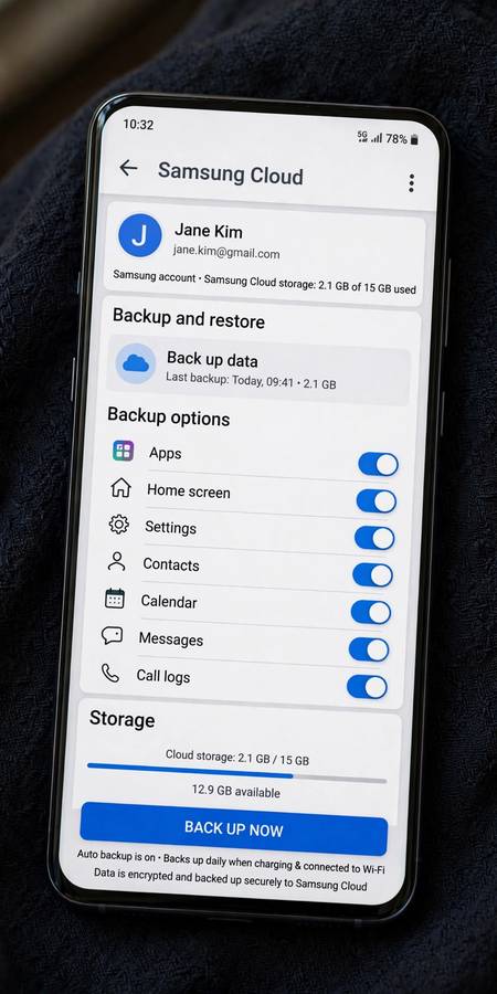 Samsung phone showing Samsung Cloud backup options