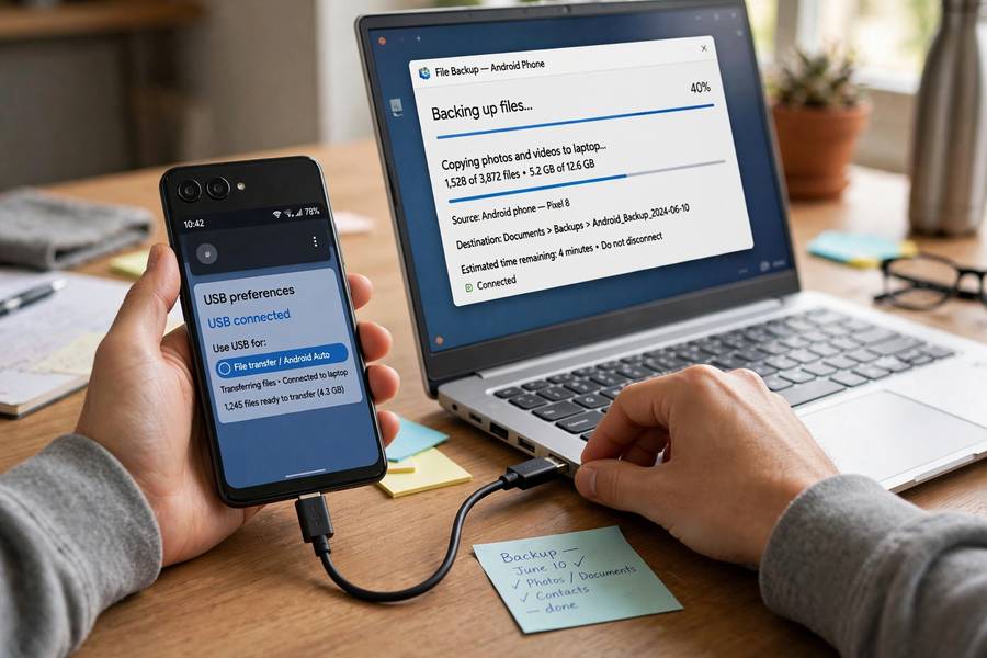 Android phone connected to laptop for manual backup
