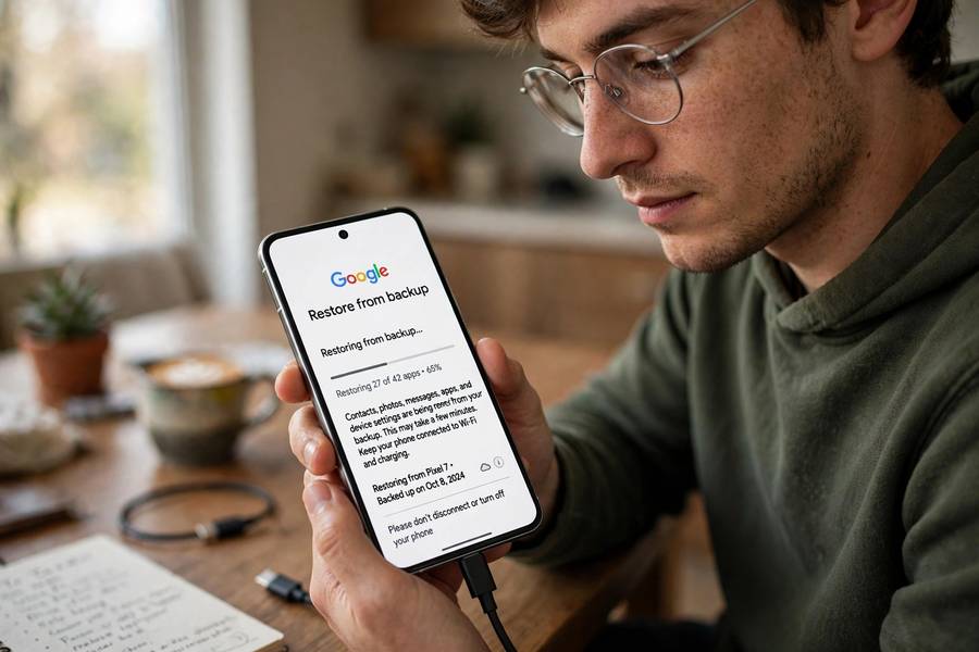 Person restoring a new Android phone from backup