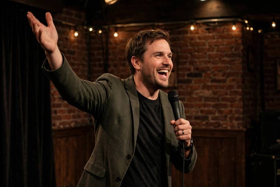 Confident comedian commanding stage with expressive gesture