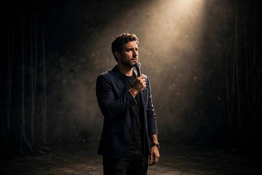 Comedian using dramatic pause with spotlight on dark stage