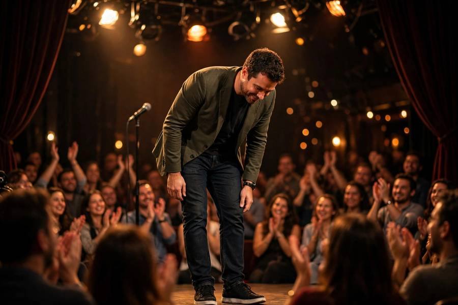 Comedian taking bow to applauding audience at end of set