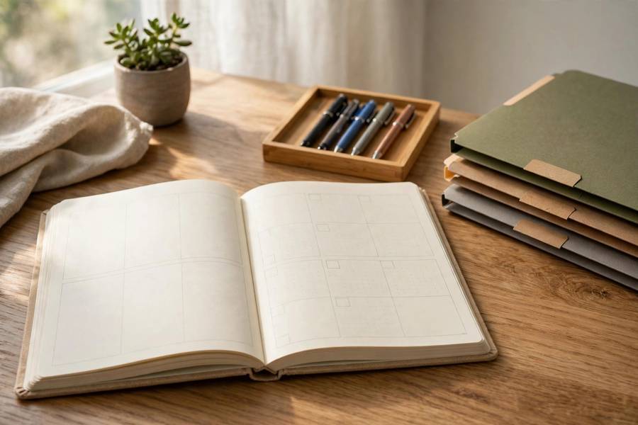 Organized home desk with planner showing how to be more organized at home