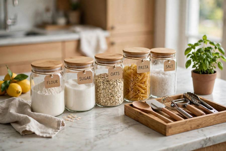 Organized kitchen counter and entryway tray for how to be more organized daily
