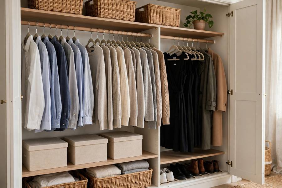 Neatly organized closet demonstrating how to be more organized with clothes