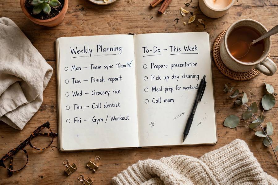 Weekly planning session with handwritten list for how to be more organized