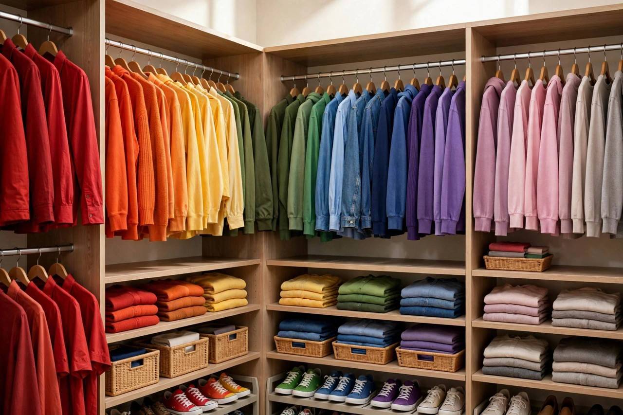 Organized closet with clothes arranged by color