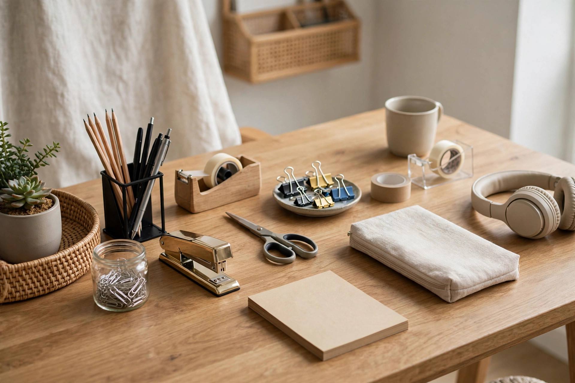 Neat home office desk with organized supplies