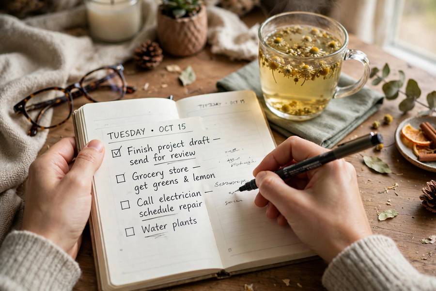 Writing a prioritized task list in a planner for how to be more productive