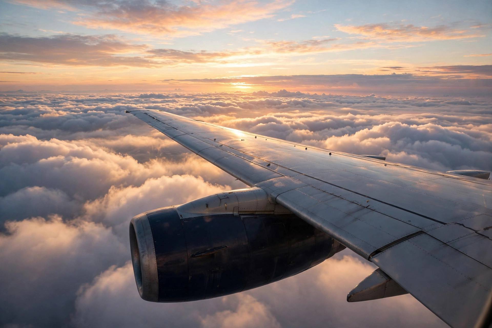 An airplane wing above the clouds at sunrise during a long-haul flight