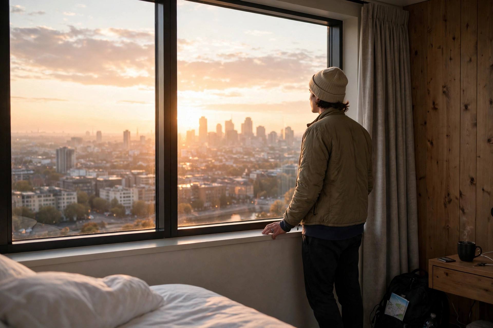 A traveler watching the sunrise from a hotel window in a new time zone